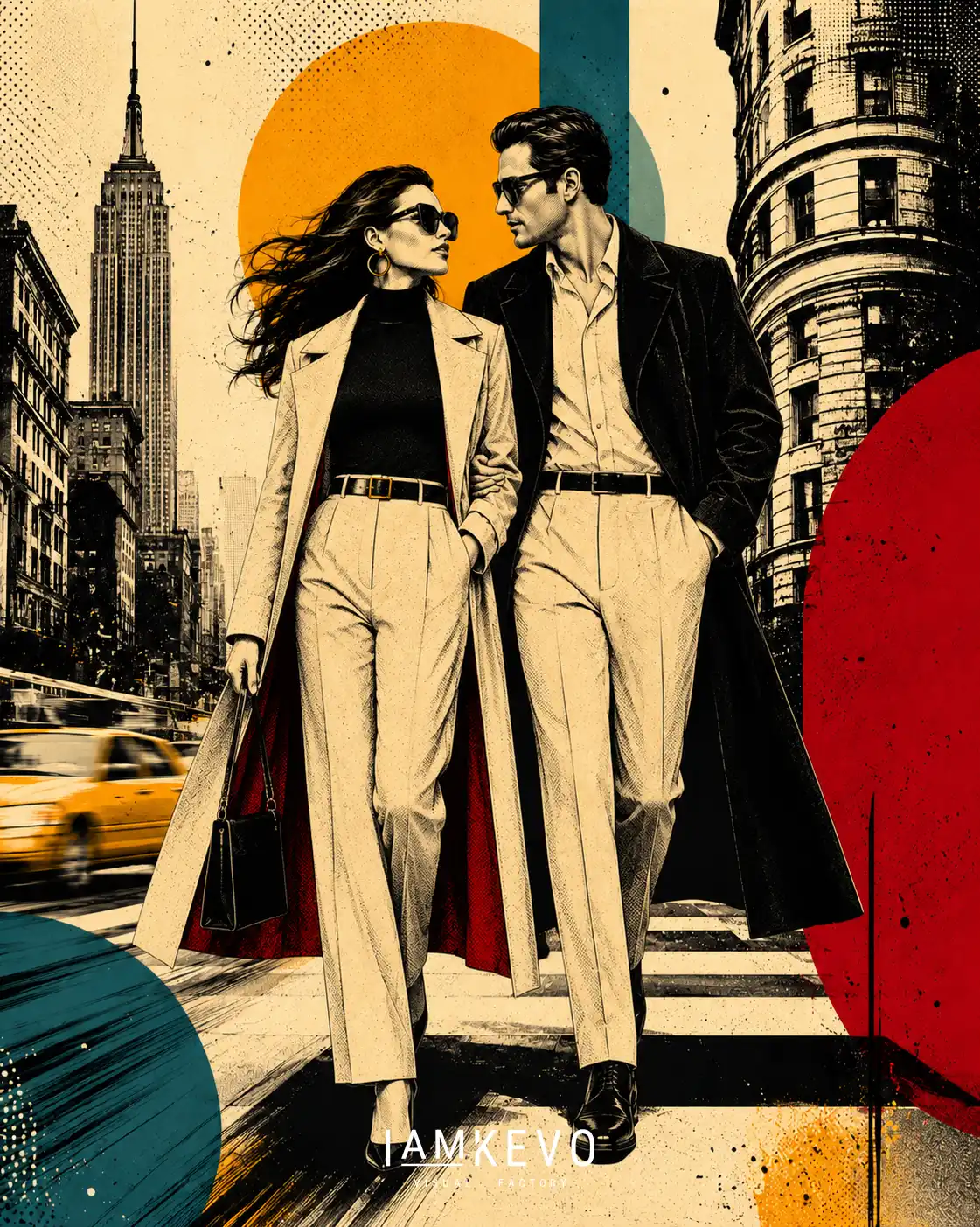 City Pair Motion artwork from the DOT ERA Urban Motion series with paired figures, metropolitan rhythm and contemporary vintage poster style