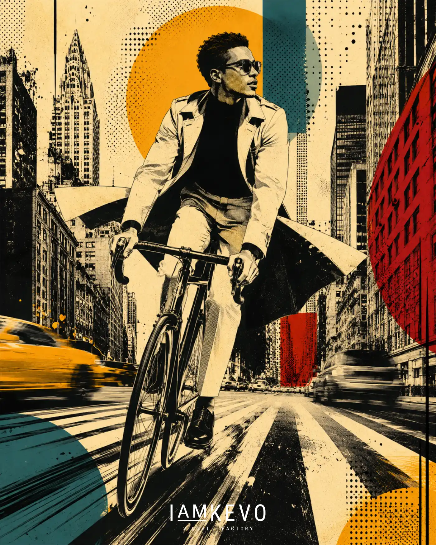 Velocity Avenue artwork from the DOT ERA Urban Motion series with cycling movement, city speed and contemporary vintage poster style