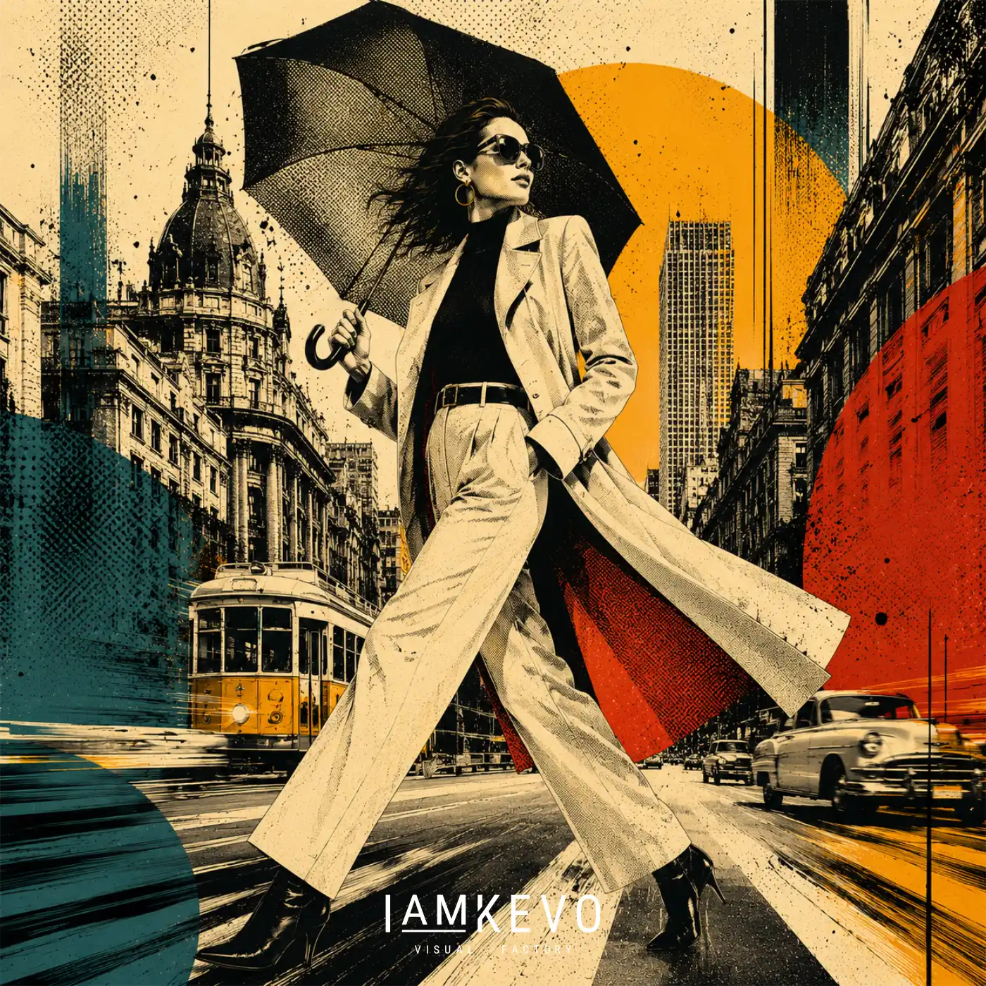 Umbrella Avenue artwork from the DOT ERA Urban Motion series with a bold umbrella silhouette, city rhythm and contemporary vintage poster atmosphere