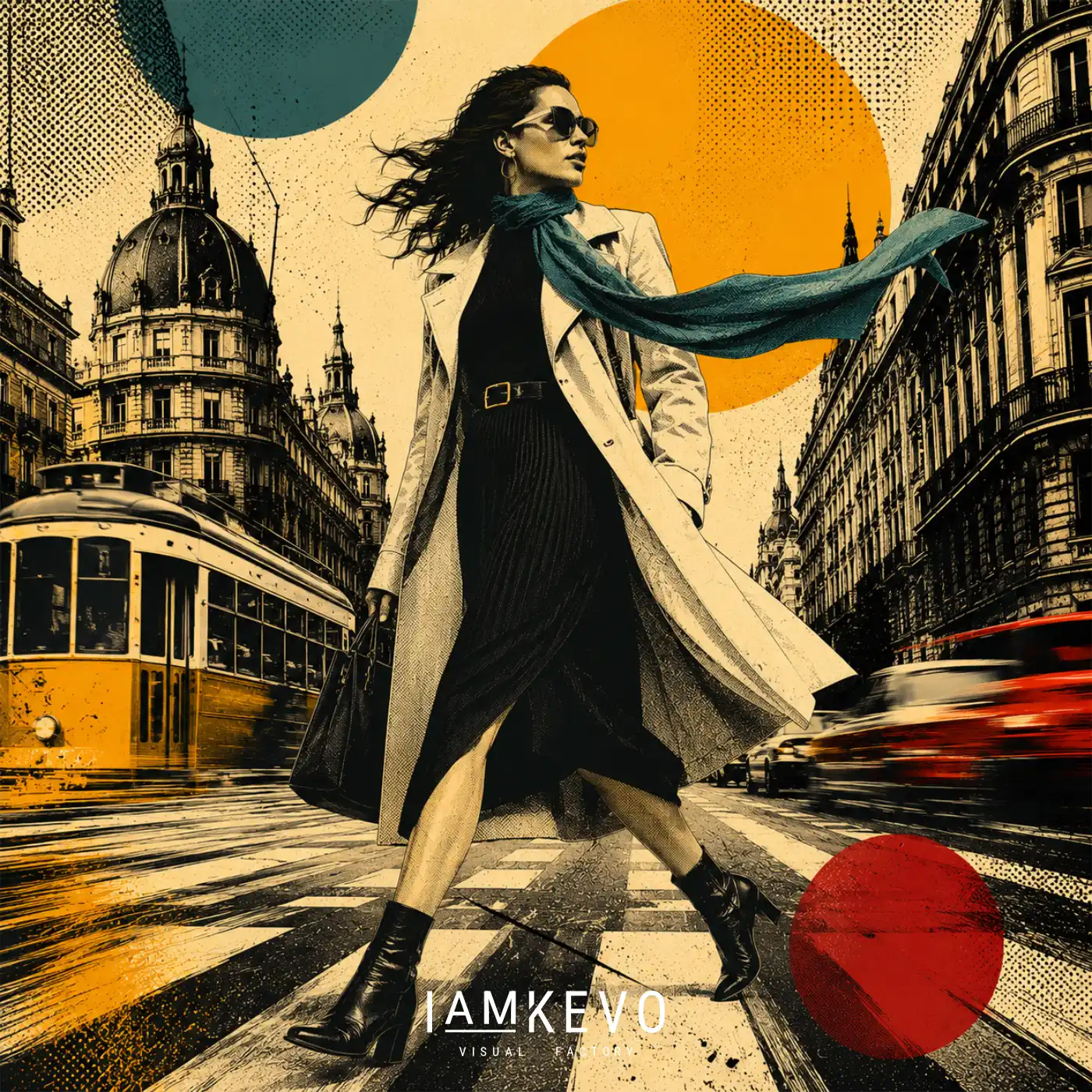 Teal Stride artwork from the DOT ERA Urban Motion series with a flowing teal scarf, city movement and vintage poster atmosphere