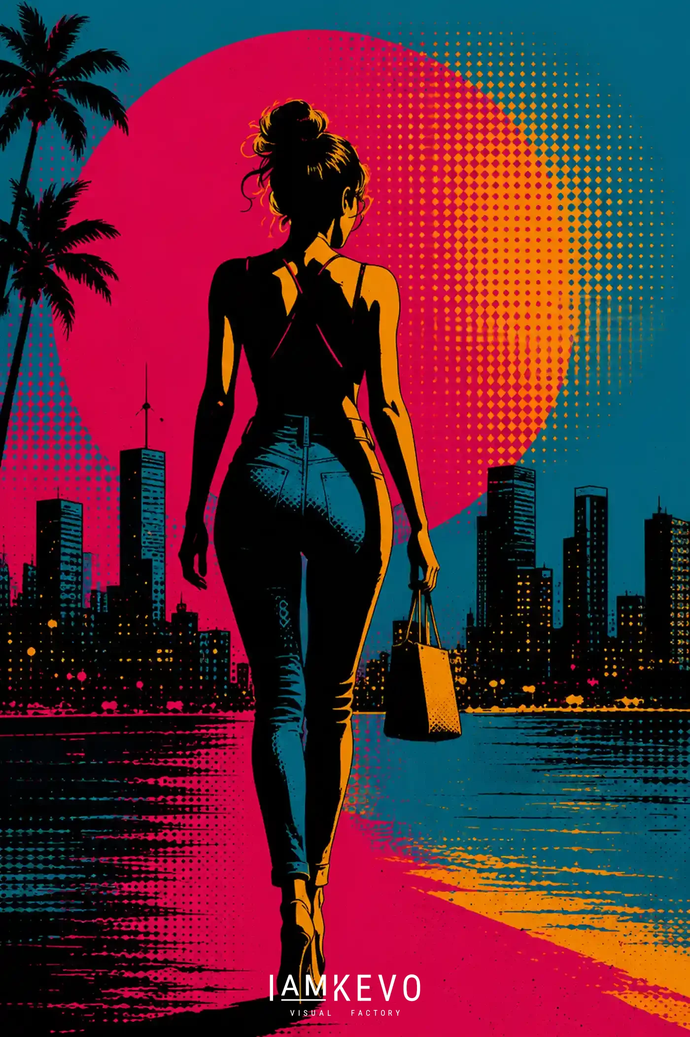 Coastal Stride artwork from the Dot Era collection with urban walking silhouette, solar-noir mood and halftone texture