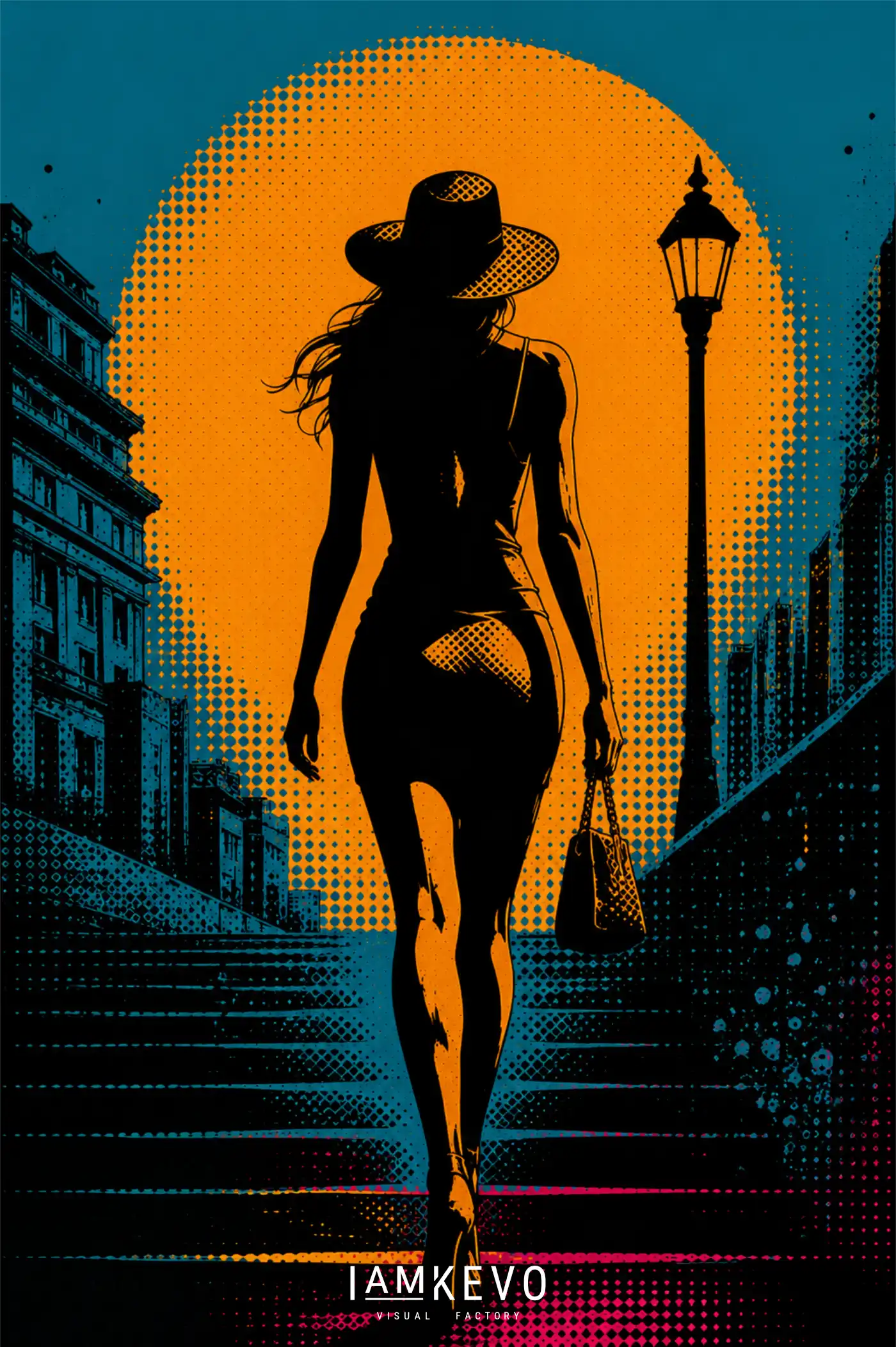 City Steps artwork from the Dot Era collection with a fashion silhouette on stairs and solar-noir pop texture