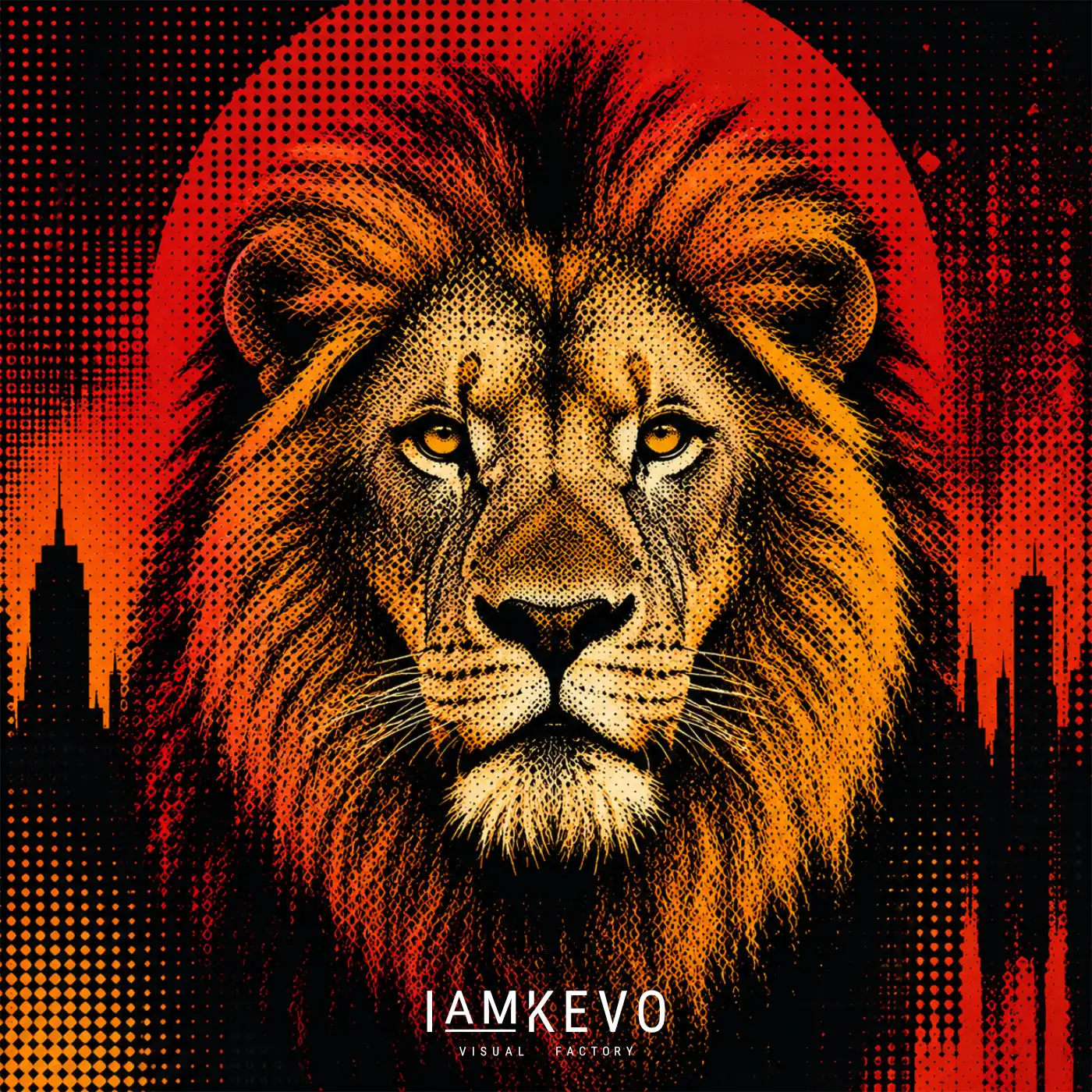 Lion Solar artwork from the Dot Era collection with warm solar tones, halftone texture and regal wild presence