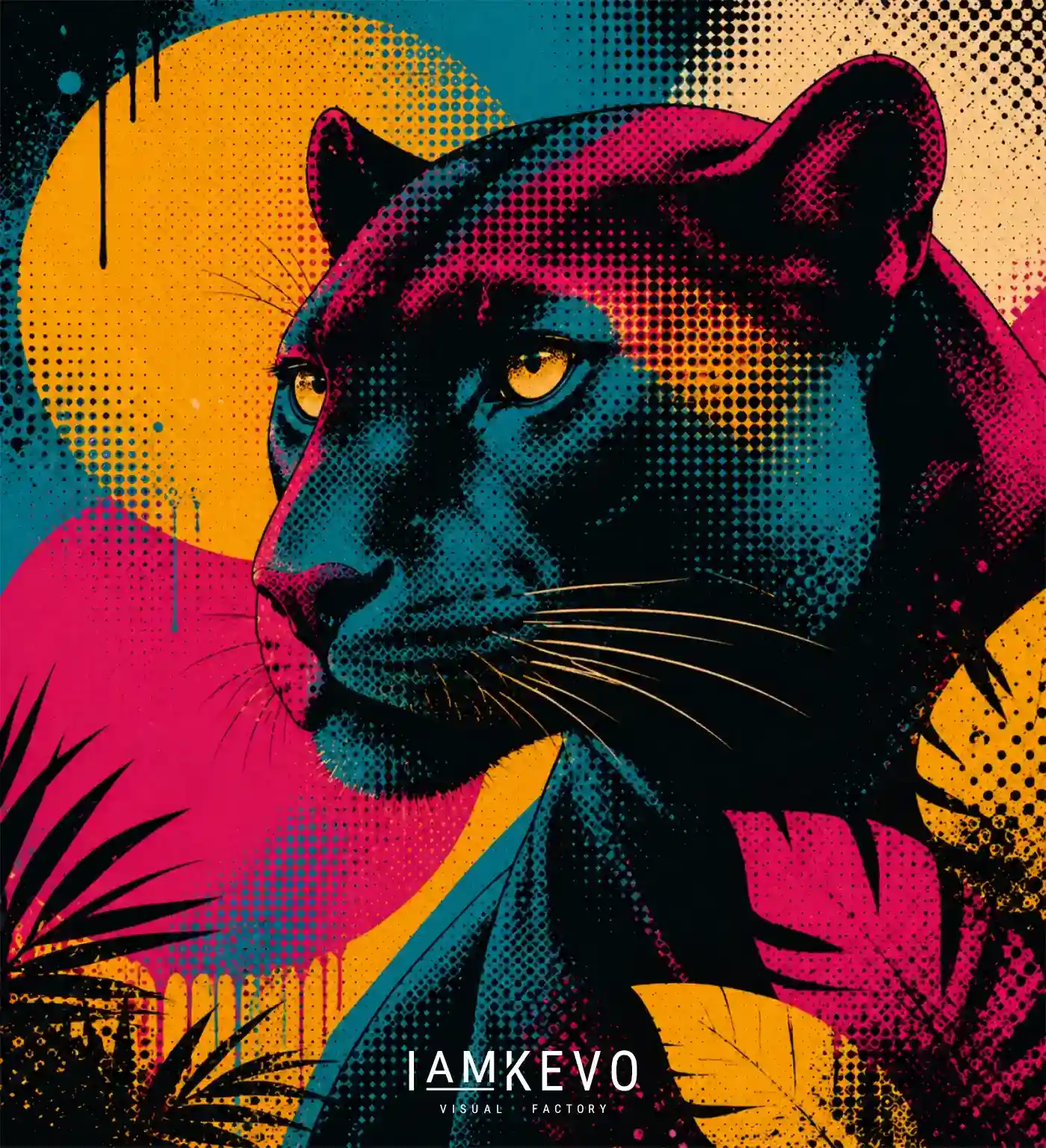 Black Panther artwork from the Dot Era collection with solar-noir contrast, halftone texture and fierce wild presence