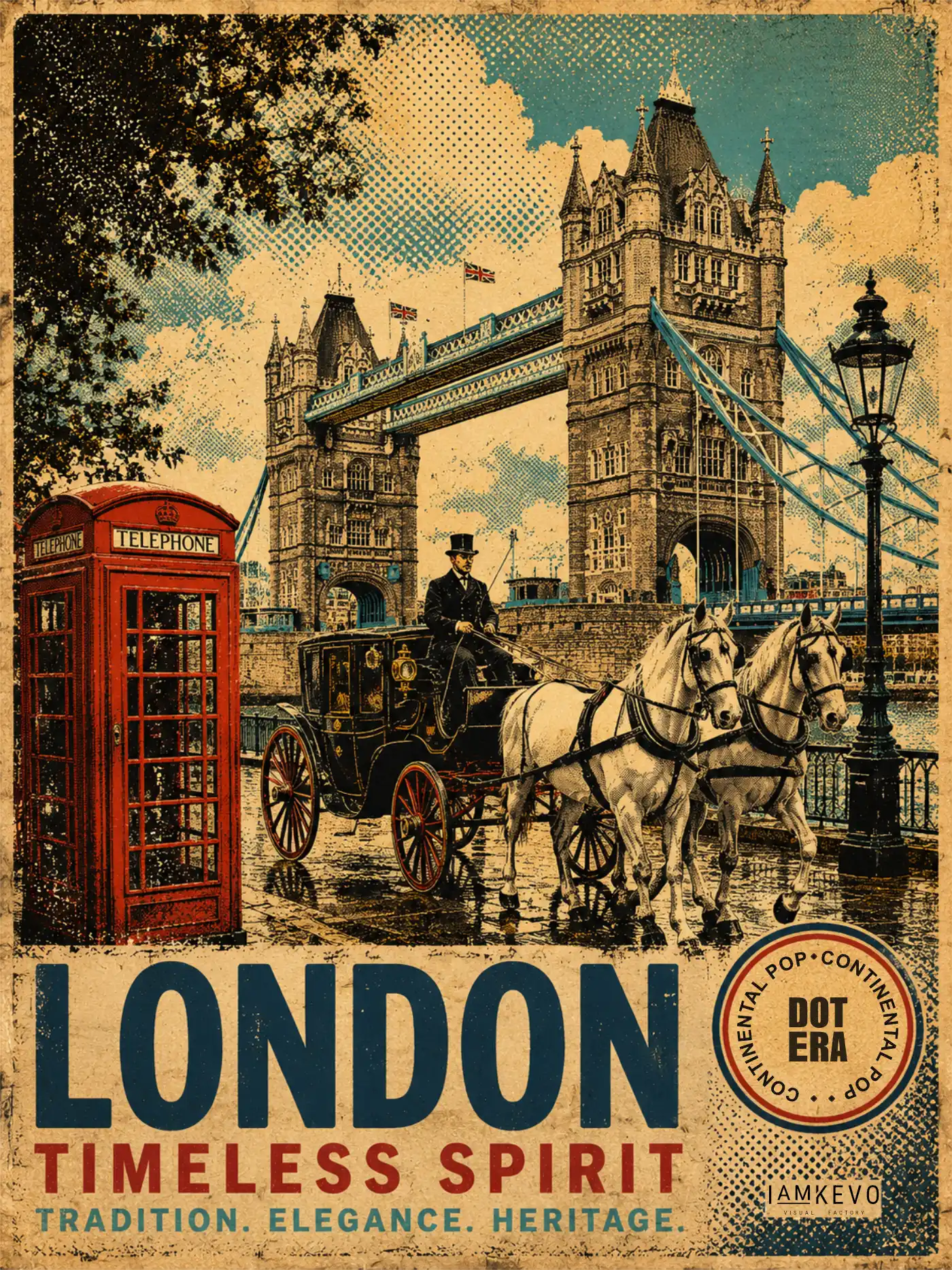 London Timeless Spirit artwork with Tower Bridge, a horse-drawn carriage and a red telephone booth from the Dot Era Continental Pop collection
