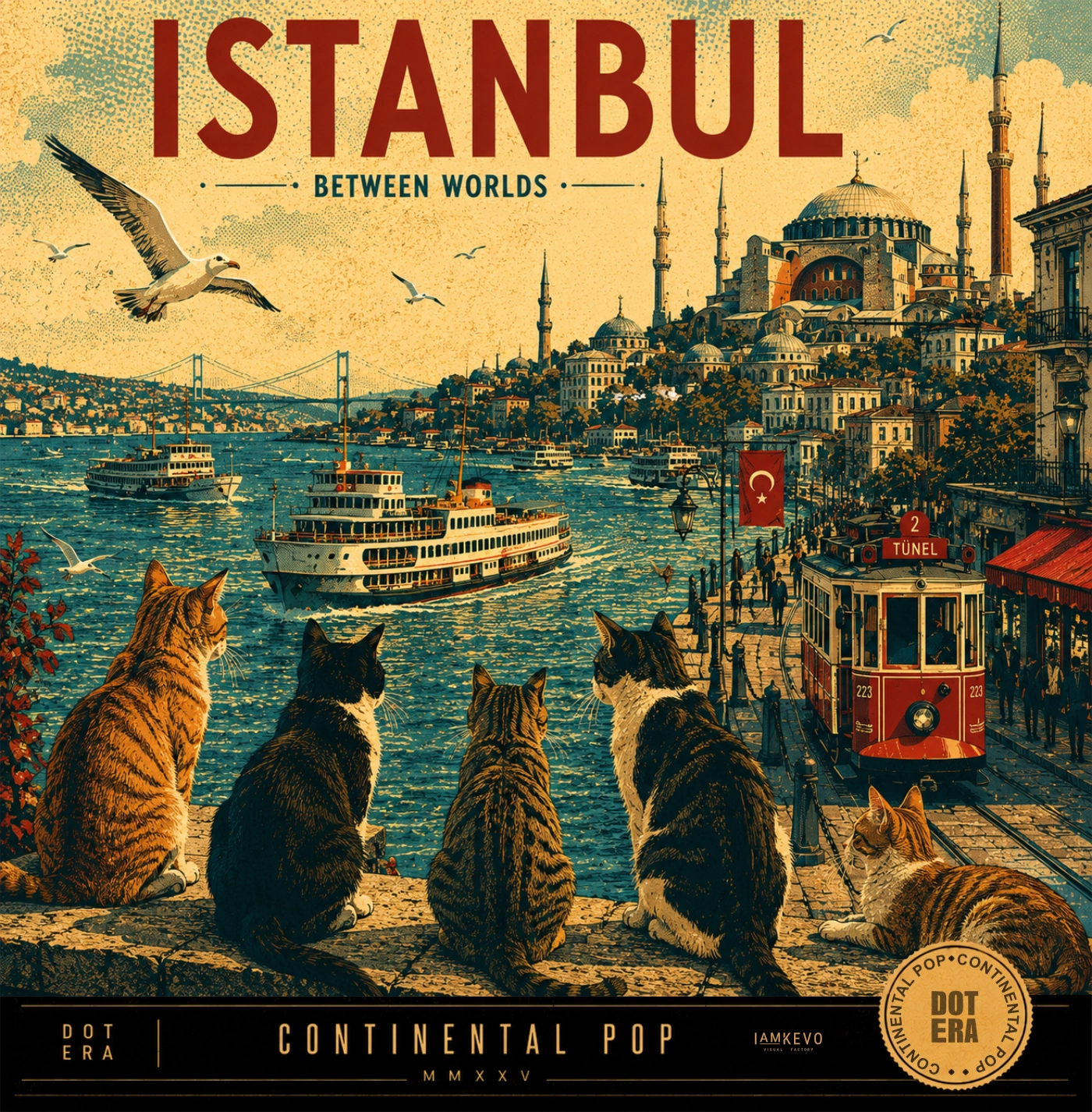 Istanbul travel poster artwork with cats overlooking the Bosphorus from the Dot Era Continental Pop collection