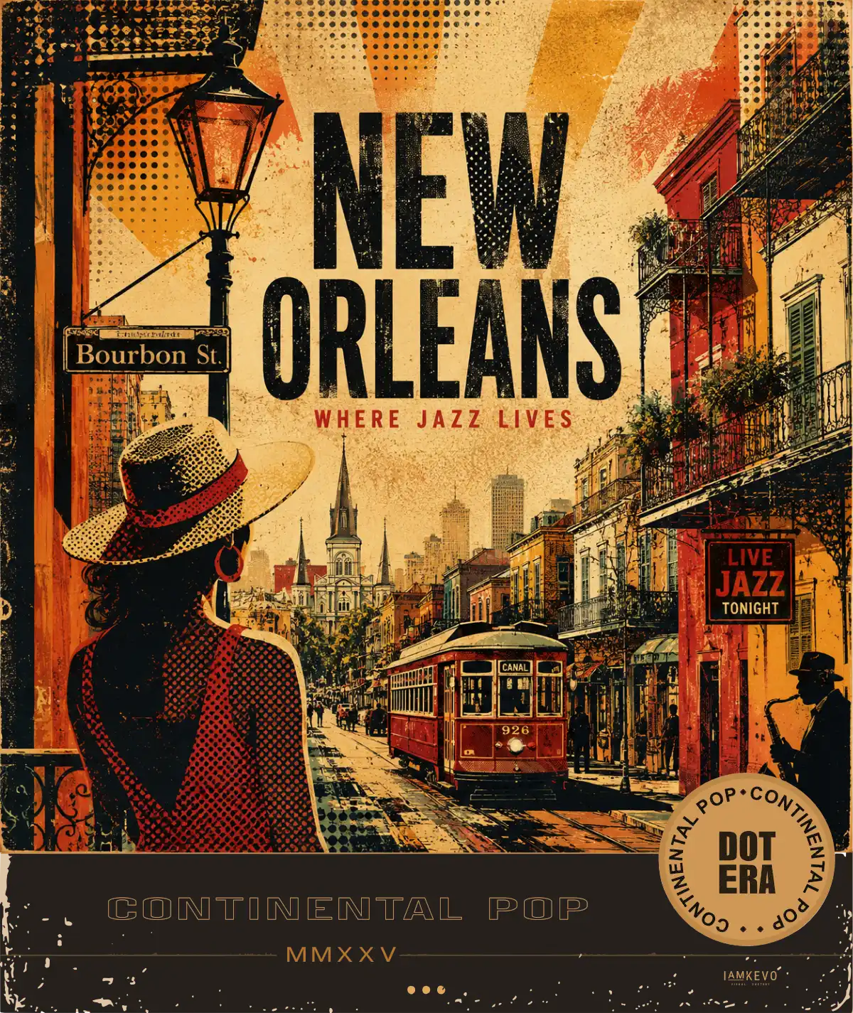 New Orleans Jazz Live artwork with French Quarter architecture and jazz culture from the Dot Era Continental Pop collection