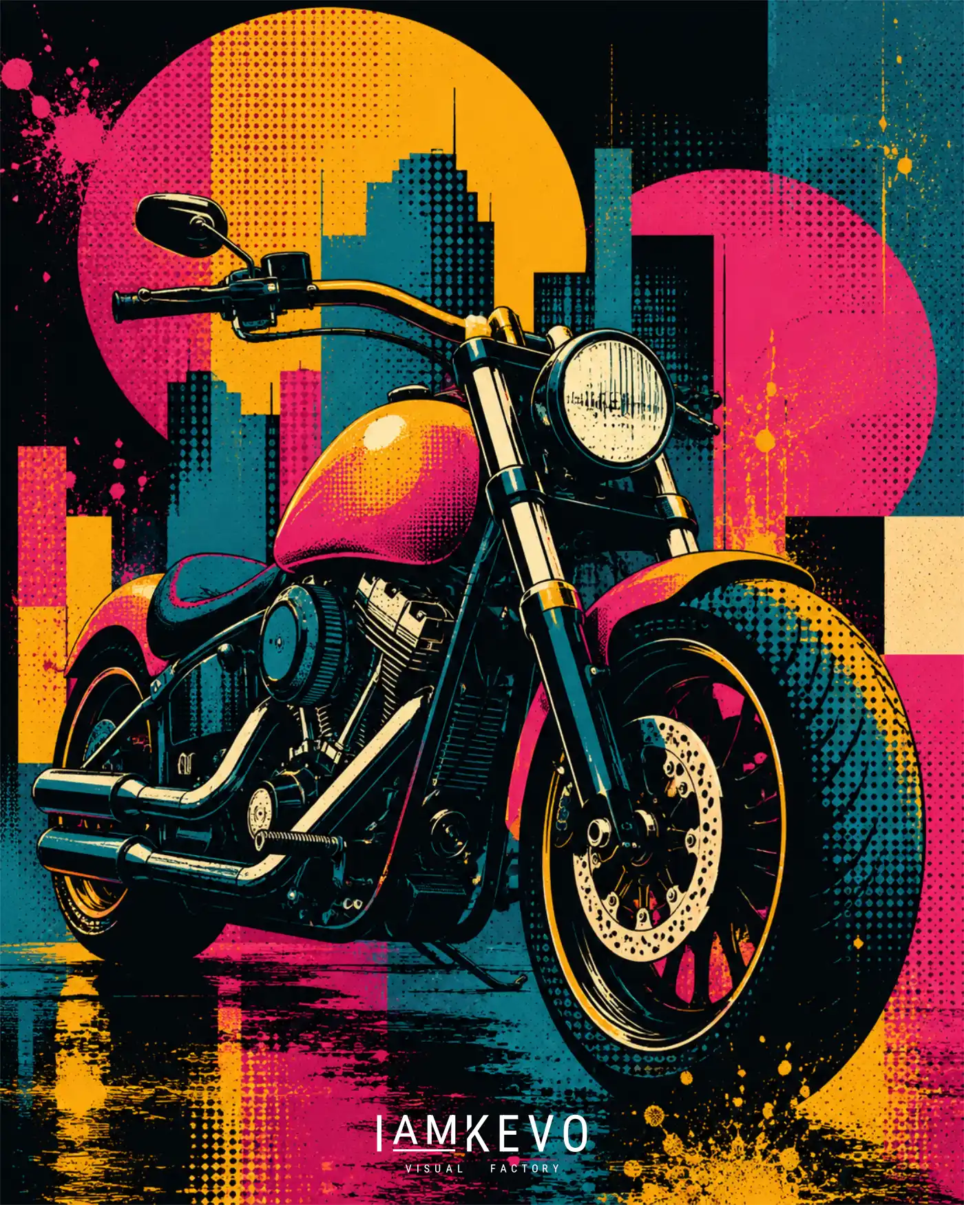 Pop Cruiser artwork from the Dot Era collection with motorcycle energy, solar-noir contrast and graphic pop texture
