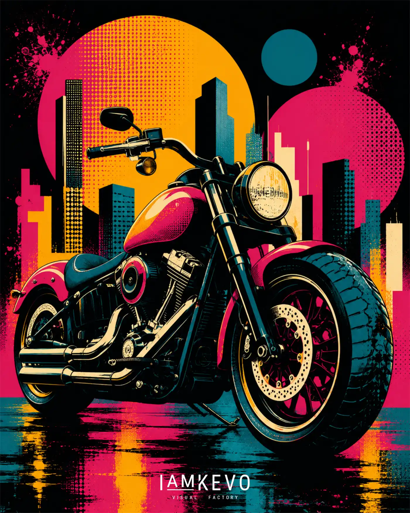 Neon Rider artwork from the Dot Era collection with urban motorcycle presence, bold color and halftone texture