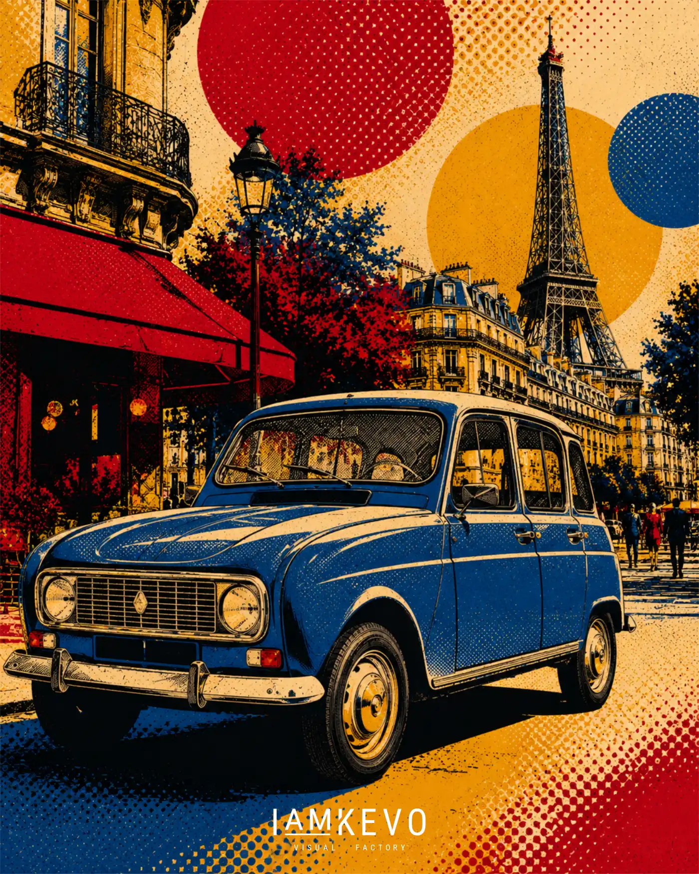 Blue Renault artwork from the Dot Era collection with a Parisian classic car and vibrant pop art texture