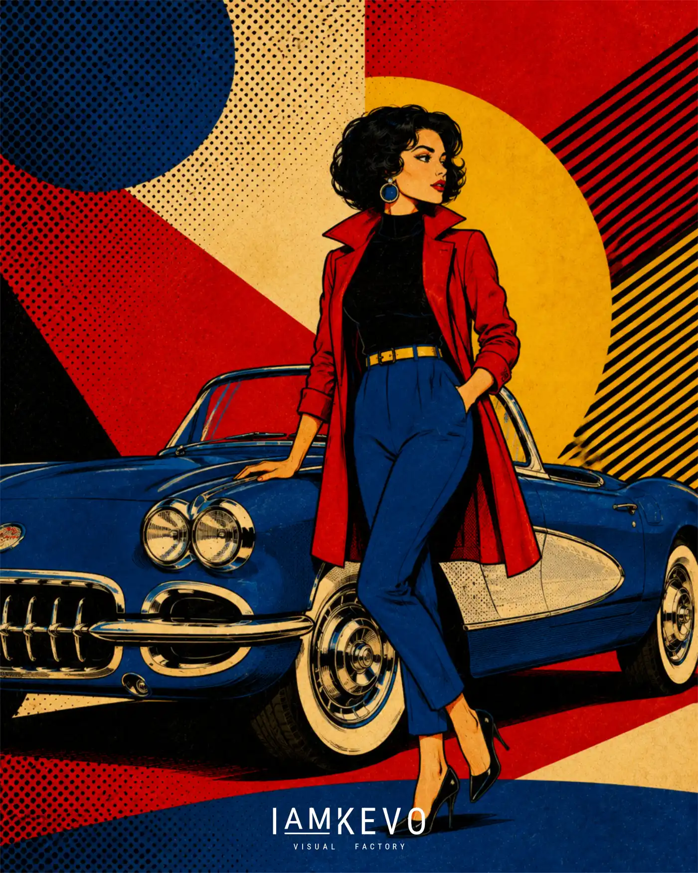 Blue Boulevard artwork from the Dot Era collection with classic car elegance and polished pop art styling