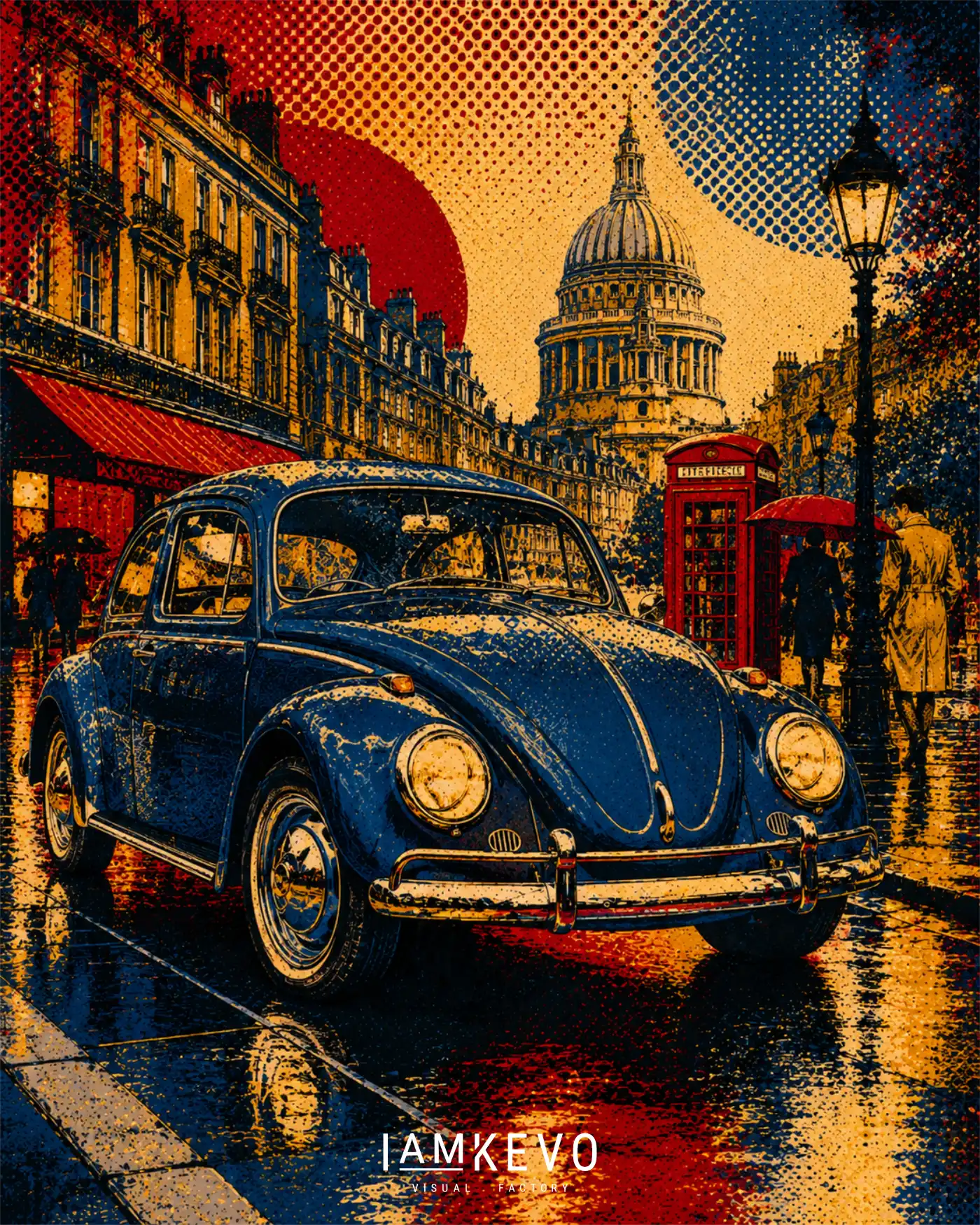 City Beetle artwork from the Dot Era collection with rainy London atmosphere and vintage urban pop style