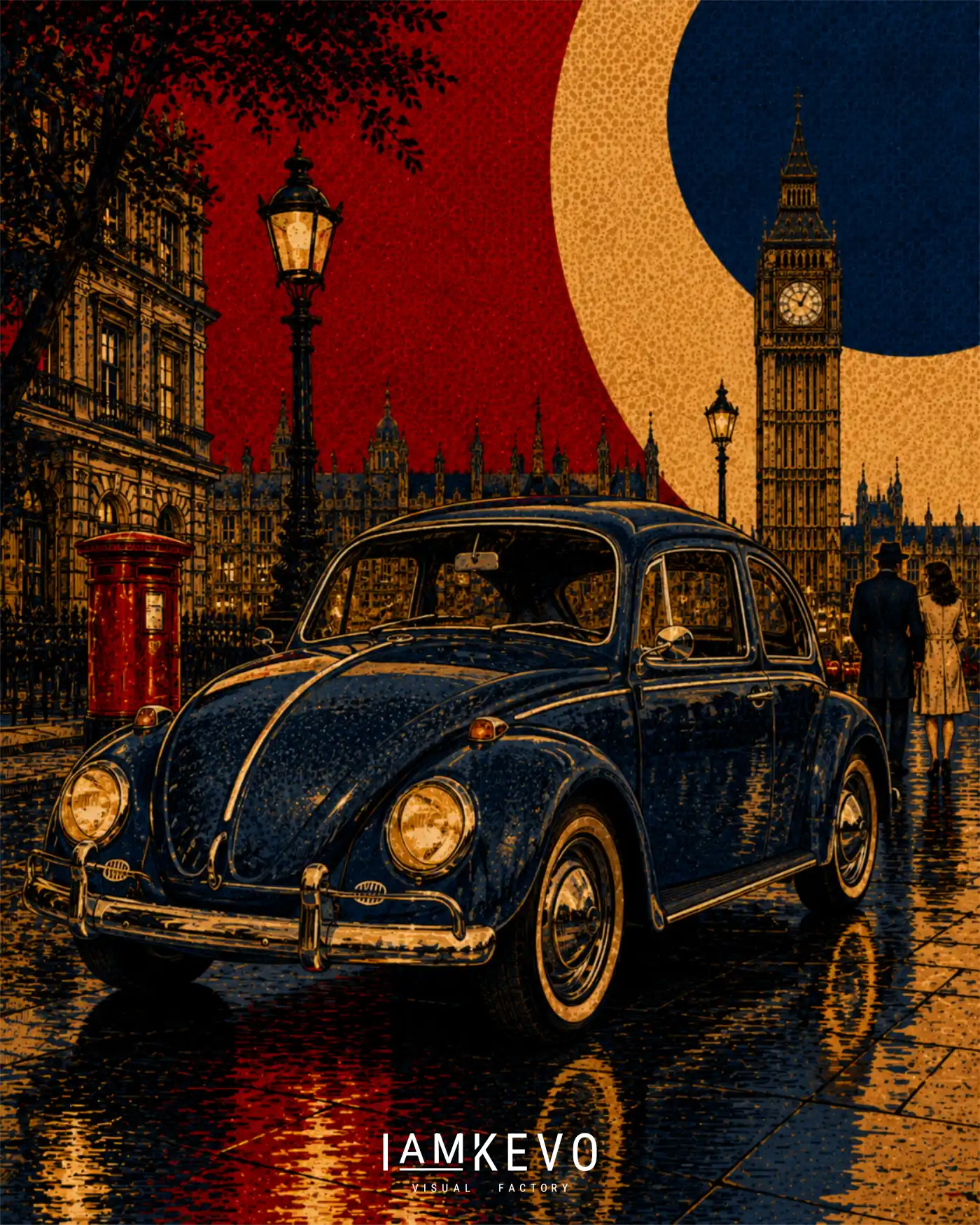 London Beetle artwork from the Dot Era collection with retro city motion and night-time pop art atmosphere