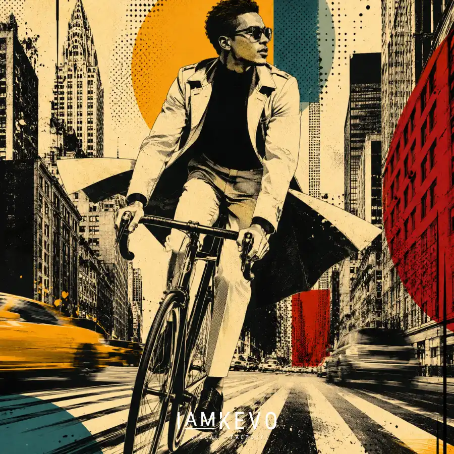 Cyclist moving through a city avenue from the Dot Era Urban Motion collection