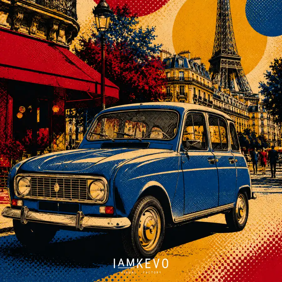 Vintage Renault 4 car on a Paris street from the Dot Era Classic Motion collection