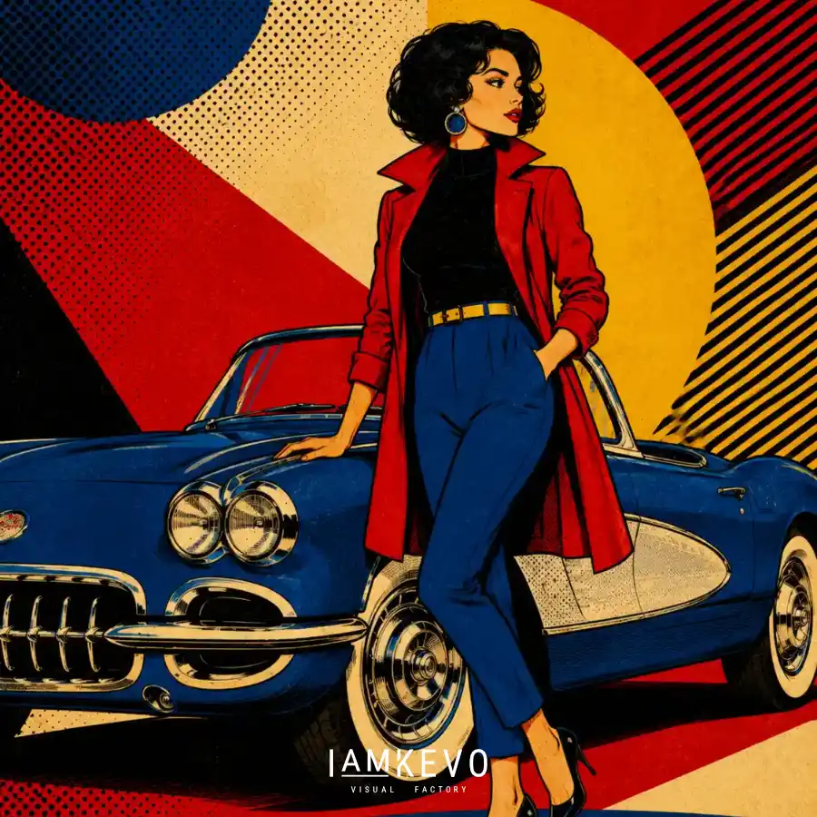 Stylish woman beside a classic convertible from the Dot Era Classic Motion collection