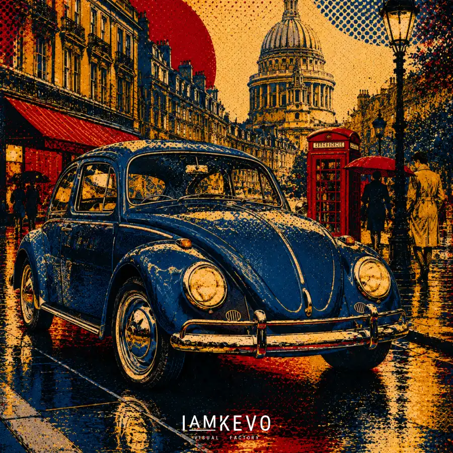 Volkswagen Beetle in rainy London from the Dot Era Classic Motion collection