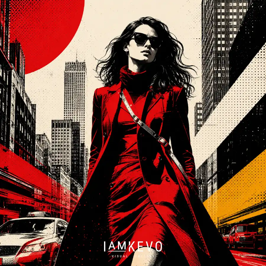 Woman in a red coat walking through a city avenue from the Dot Era Urban Motion collection