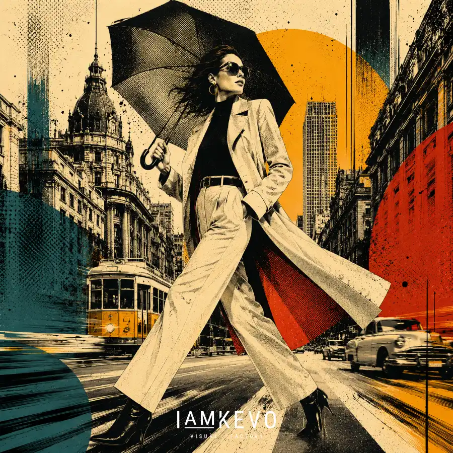 Elegant woman with umbrella walking through the city from the Dot Era Urban Motion collection
