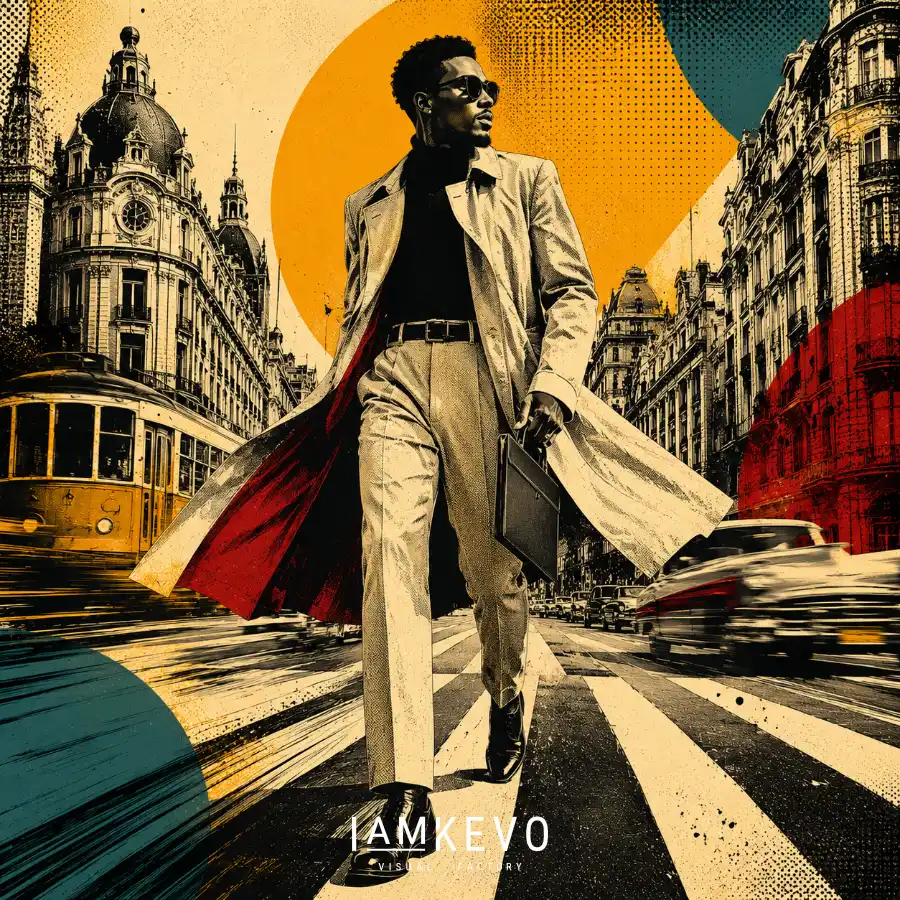 Elegant man crossing a city boulevard from the Dot Era Urban Motion collection