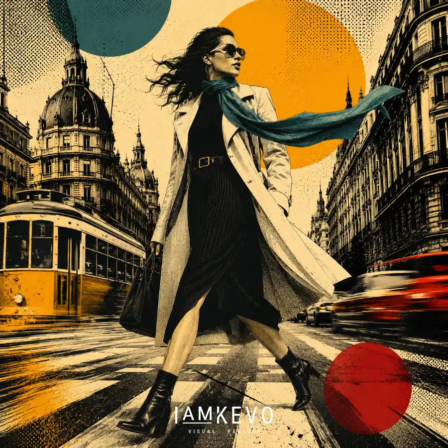 Woman with teal scarf walking through the city from the Dot Era Urban Motion collection