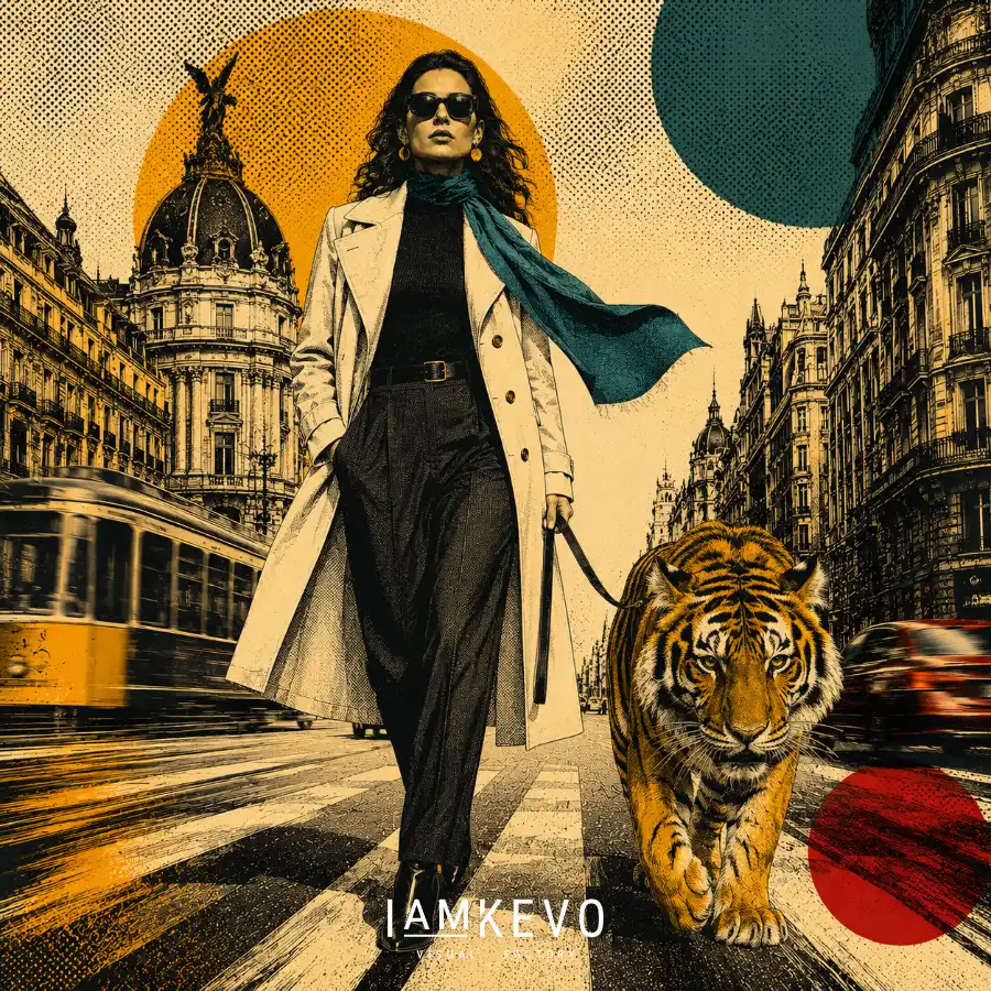 Woman walking a tiger through a city avenue from the Dot Era Urban Motion collection