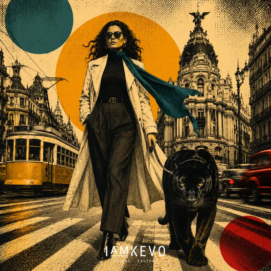 Woman walking a black panther through a city boulevard from the Dot Era Urban Motion collection