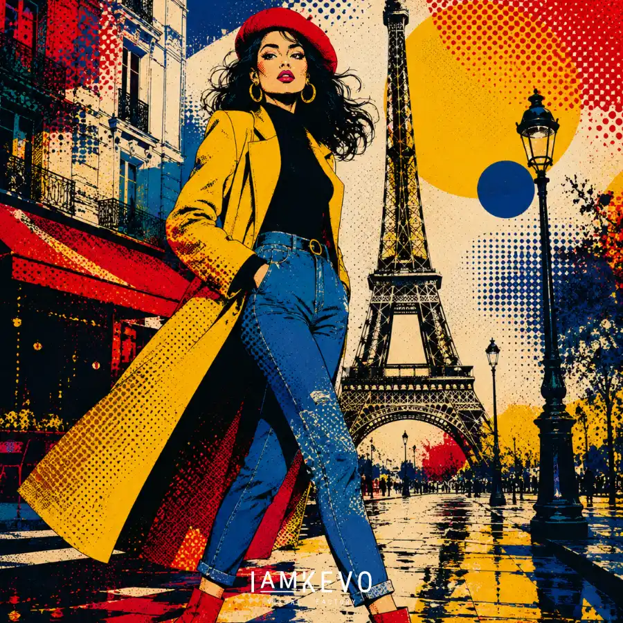 Elegant woman walking through Paris from the Dot Era Urban Motion collection
