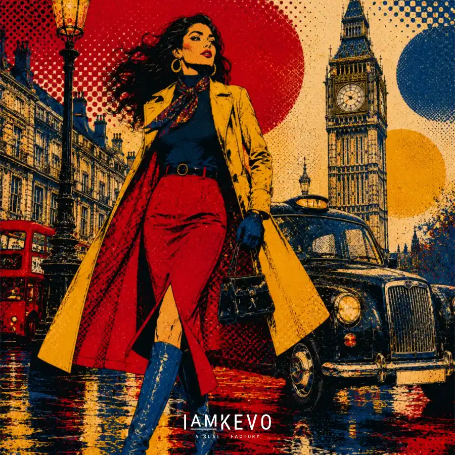 Retro London Rain street scene from the Dot Era Urban Motion collection