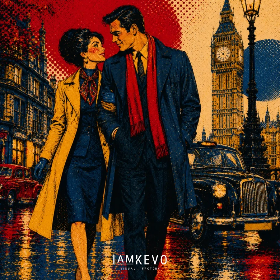 Rainy London Stroll artwork from the Dot Era Urban Motion collection