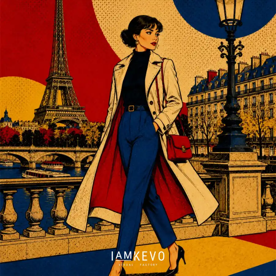 Chic Stroll by the Seine artwork from the Dot Era Urban Motion collection