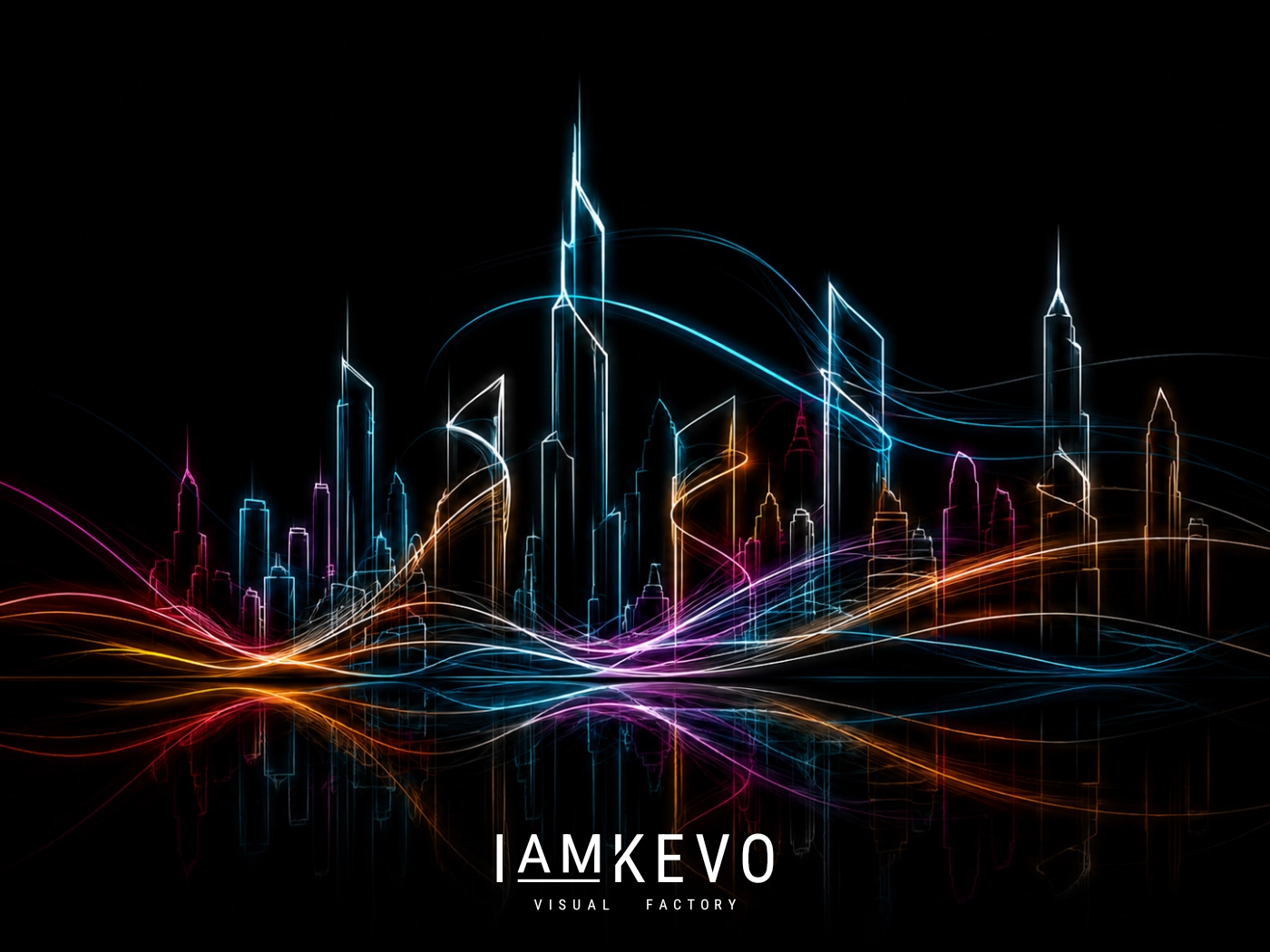 City Pulse Line Energy artwork with a skyline drawn through luminous motion lines on black space