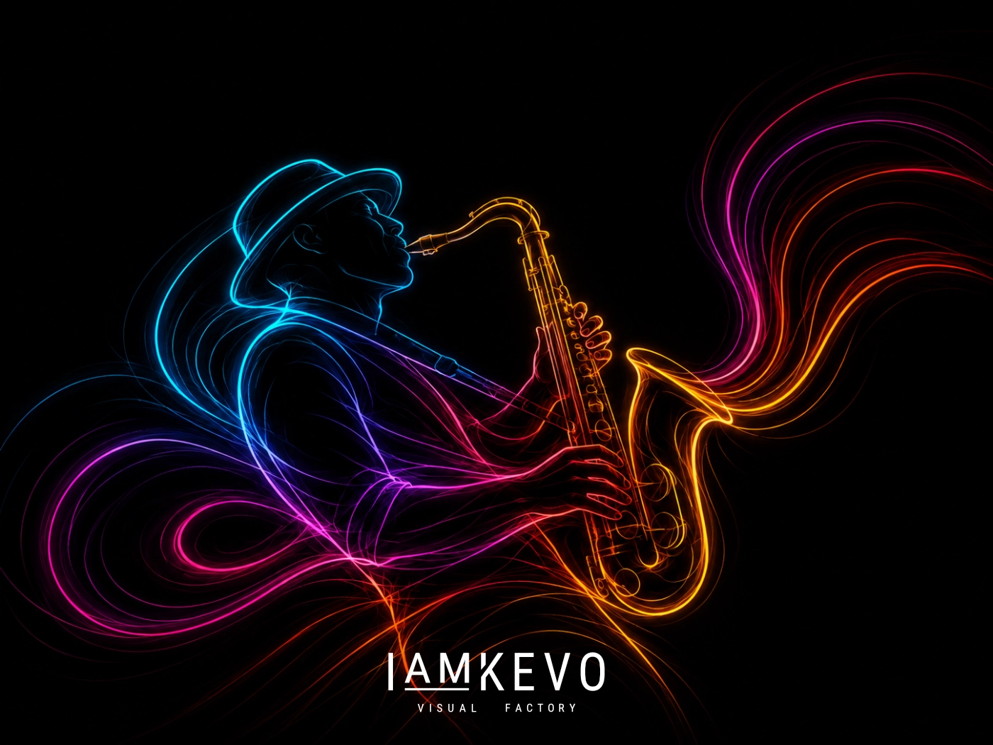 Neon Breath Line Energy artwork with a jazz saxophonist drawn in flowing luminous lines