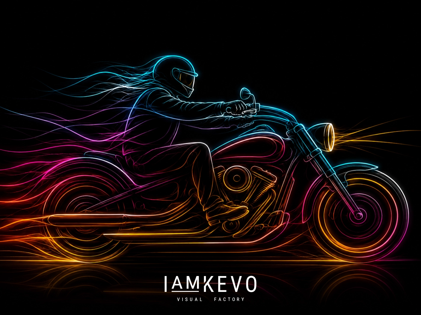 Velocity Rider Line Energy artwork with a motorcycle rider drawn in luminous motion lines on deep black space