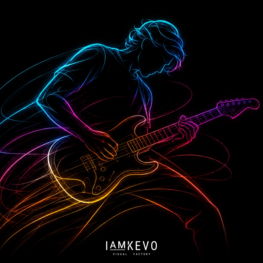 Electric Strings Line Energy artwork with neon guitar performance lines