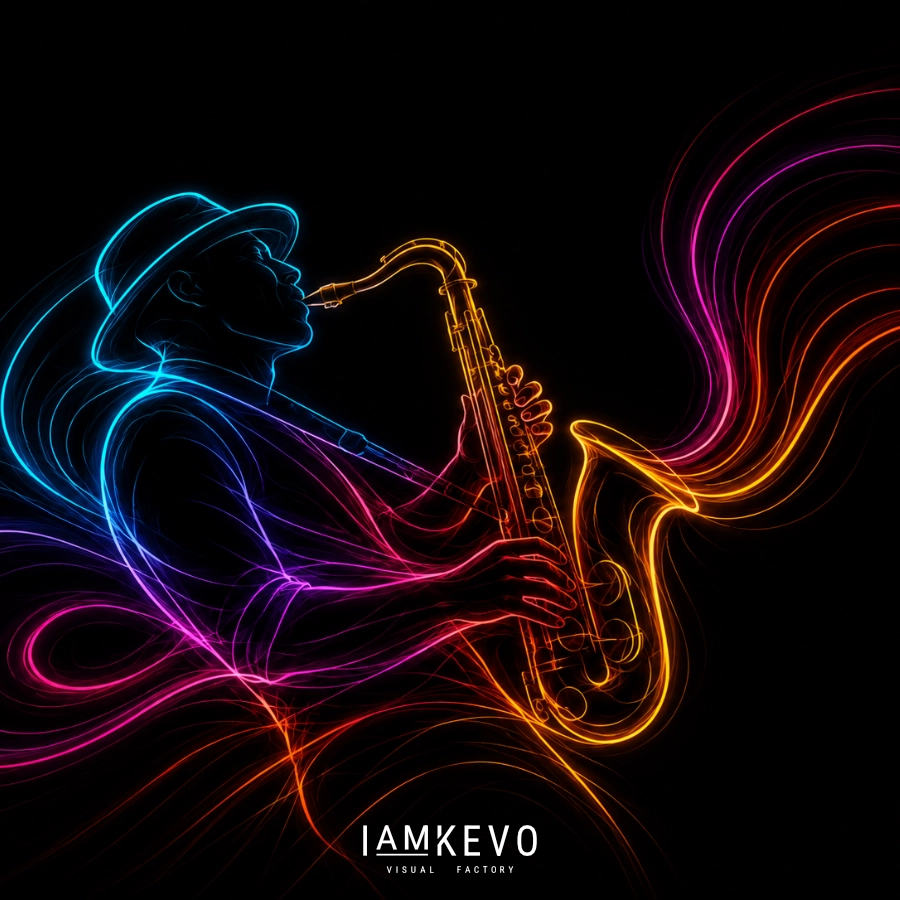 Neon Breath Line Energy artwork with luminous saxophonist motion
