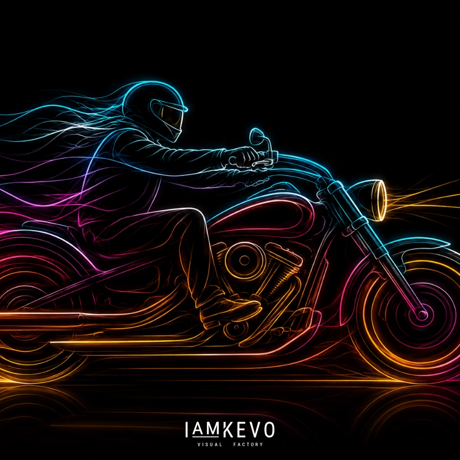 Velocity Rider Line Energy artwork with luminous motorcycle motion on black background